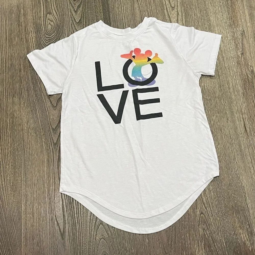 Disney Mickey Mouse Rainbow Love T-Shirt Short Sleeve Crew Neck White Medium